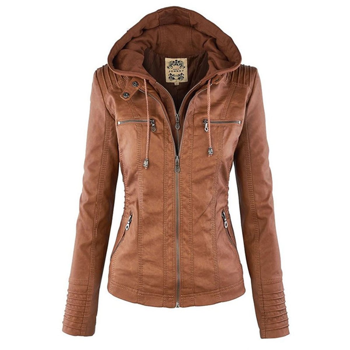 Charlotte women's faux leather moto coat with removable hood, stylish hooded jacket by Christine Brewer, featuring a sleek design.