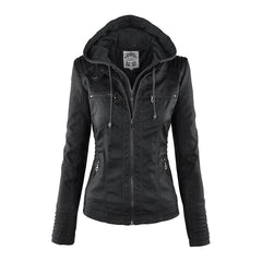 Charlotte women's hooded faux leather moto coat with removable hood, stylish and versatile outerwear by Christine Brewer.