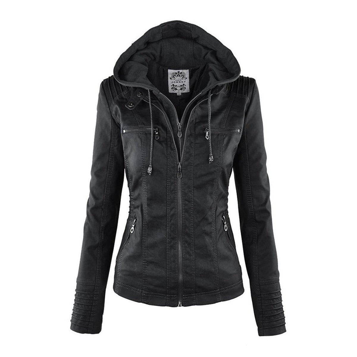 Charlotte women's hooded faux leather moto coat with removable hood, stylish and versatile outerwear by Christine Brewer.