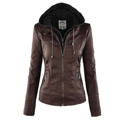 Charlotte women's faux leather moto coat with removable hood, stylish hooded jacket by Christine Brewer, showcasing the sleek leather design.
