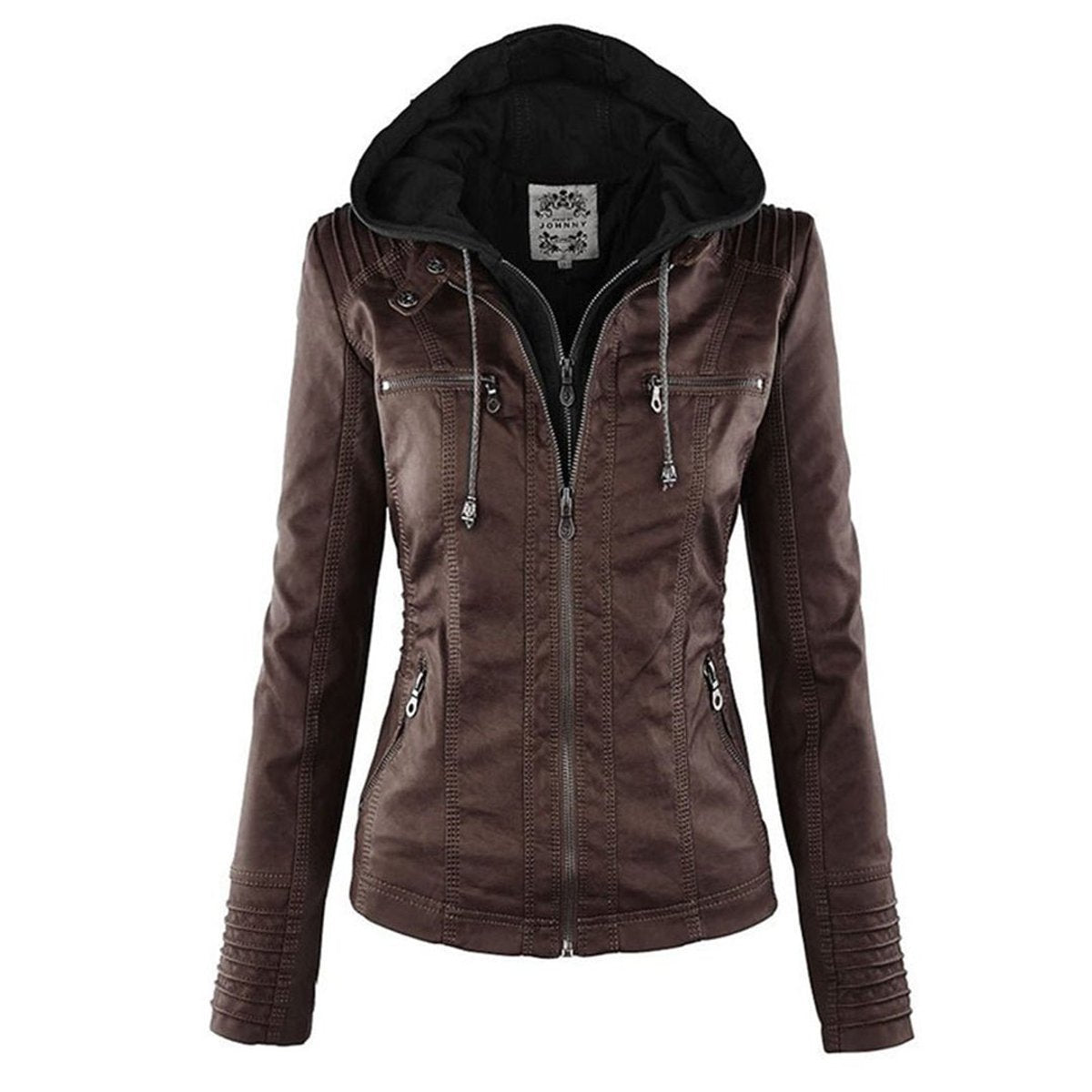 Charlotte women's faux leather moto coat with removable hood, stylish hooded jacket by Christine Brewer, showcasing the sleek leather design.