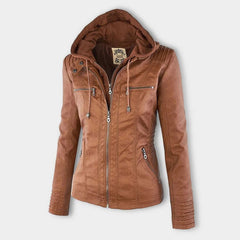 Charlotte women's faux leather moto coat with removable hood, stylish hooded jacket by Christine Brewer, featuring a sleek black finish.