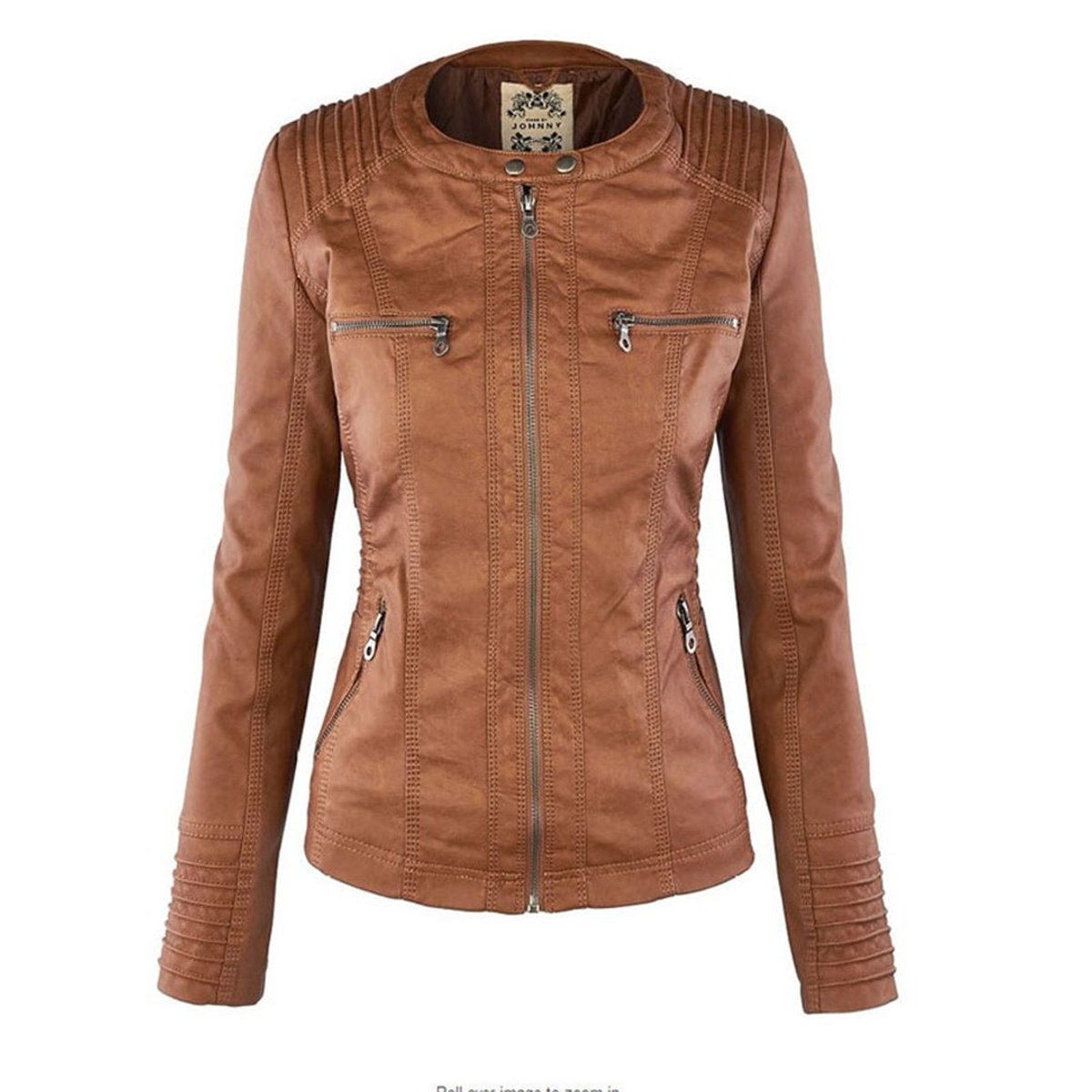 Charlotte women's faux leather moto coat with removable hood, stylish black hooded jacket by Christine Brewer.