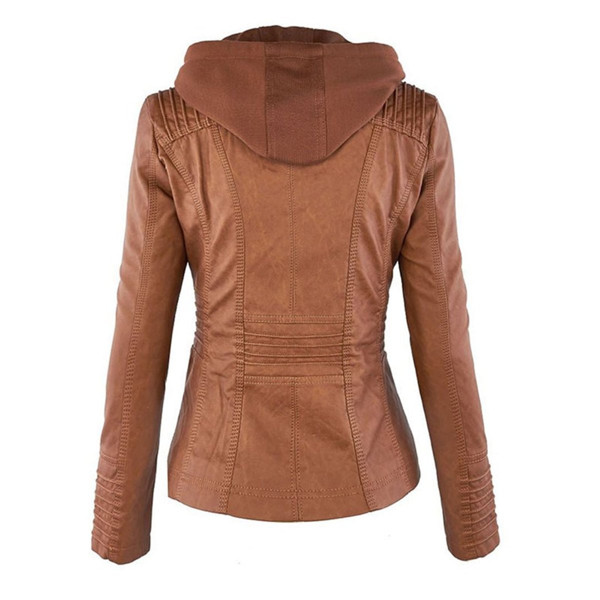Charlotte women's faux leather moto coat with removable hood, featuring a stylish hooded design and sleek faux leather material.
