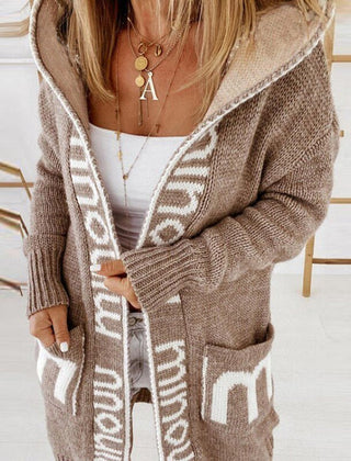 Women’s hooded open-front knit cardigan sweater with letter print by Christine Brewer, casual and cozy women's cardigan jacket.