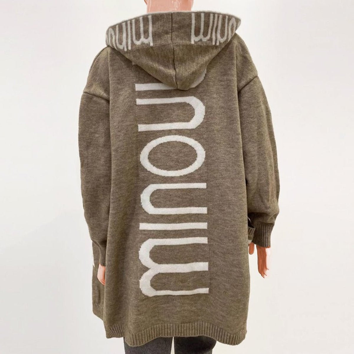 Women's hooded open-front knit cardigan sweater jacket with letter print by Christine Brewer, casual and cozy for everyday wear.