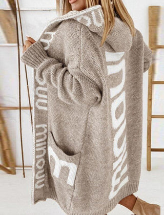 Women's hooded open-front knit cardigan sweater jacket with letter print by Christine Brewer, casual and cozy for everyday wear.