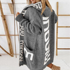 Women’s Eleanor knit cardigan sweater jacket with hood and open front featuring a stylish letter print, by Christine Brewer.