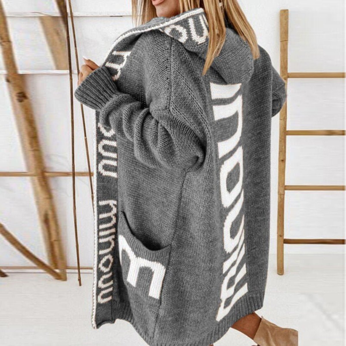 Women’s Eleanor knit cardigan sweater jacket with hood and open front featuring a stylish letter print, by Christine Brewer.
