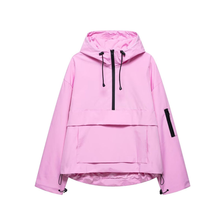 Women's quilted hooded pullover anorak jacket with half-zip from Christine Brewer, featuring a cozy hood and quilted design.