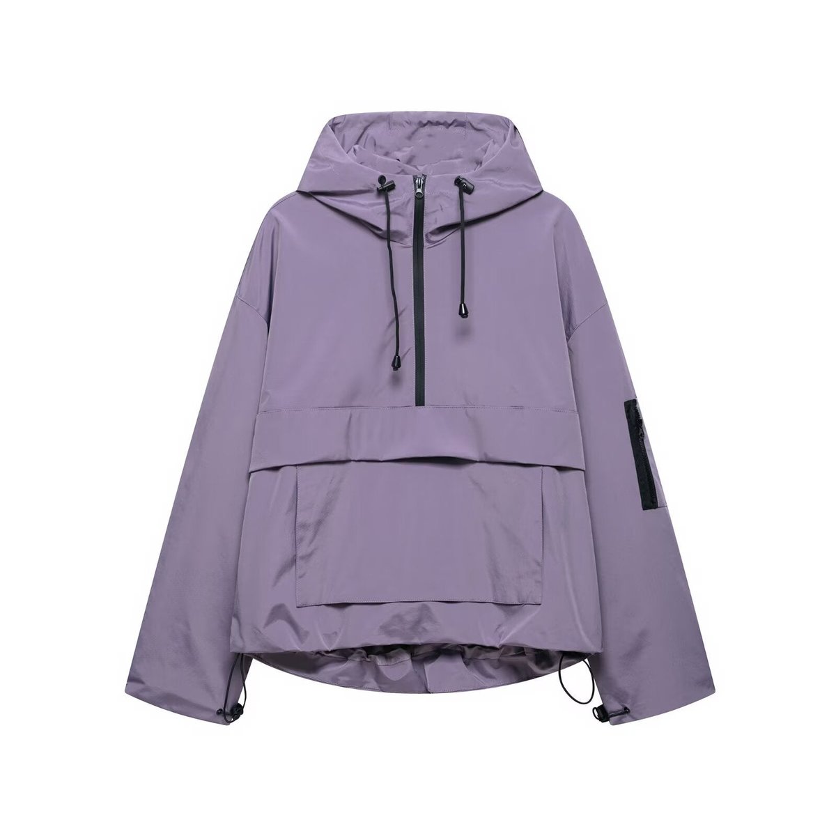 Women's quilted hooded pullover anorak jacket with half-zip by Christine Brewer, featuring a cozy hood and stylish design.