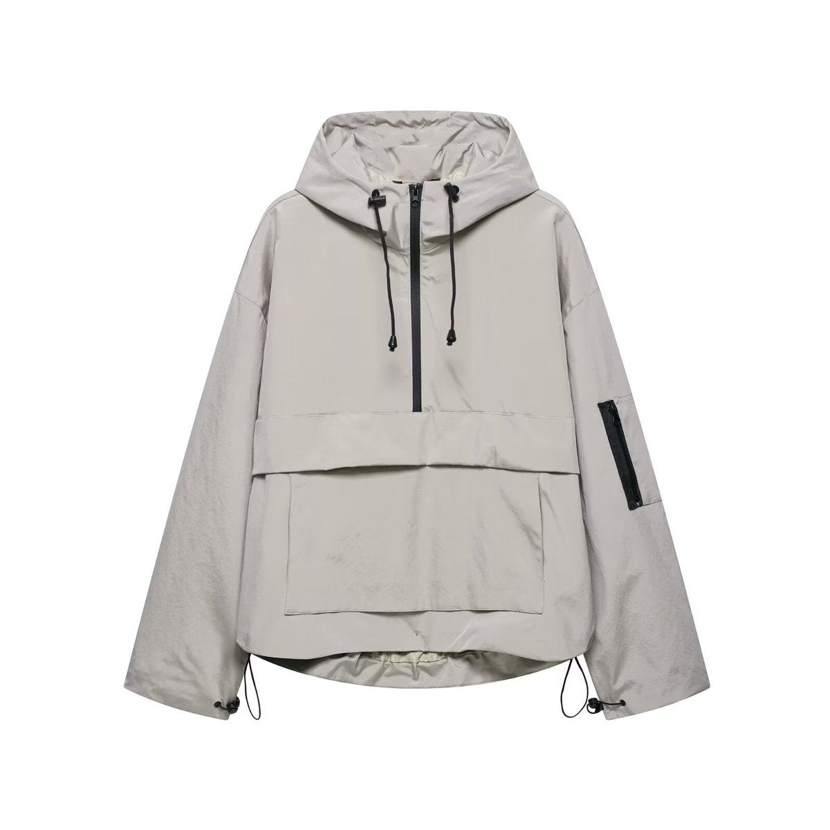 Women's quilted hooded pullover anorak jacket with half-zip from Christine Brewer, featuring a cozy hood and stylish design.