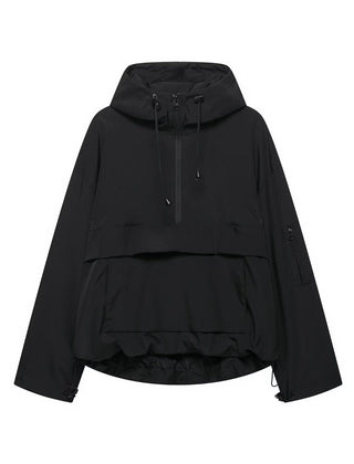 Women's quilted hooded pullover anorak jacket with half-zip, by Christine Brewer, featuring a cozy, stylish outer layer.