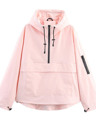 Christine Brewer women's quilted hooded pullover anorak jacket with half-zip, warm, stylish outerwear for cold weather.