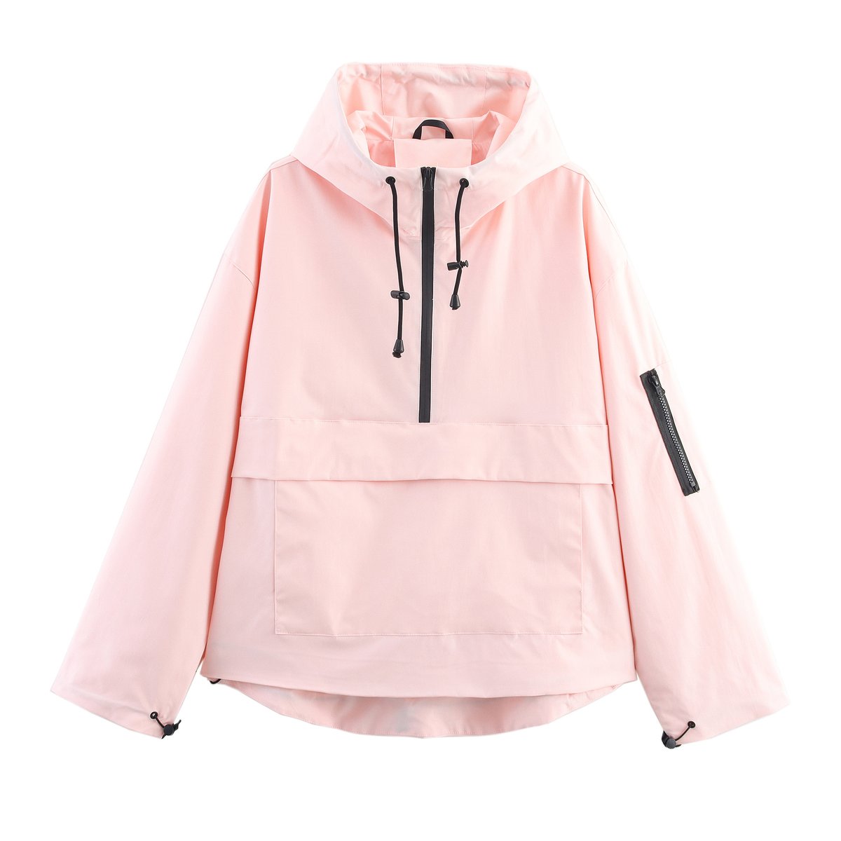 Christine Brewer women's quilted hooded pullover anorak jacket with half-zip, warm, stylish outerwear for cold weather.