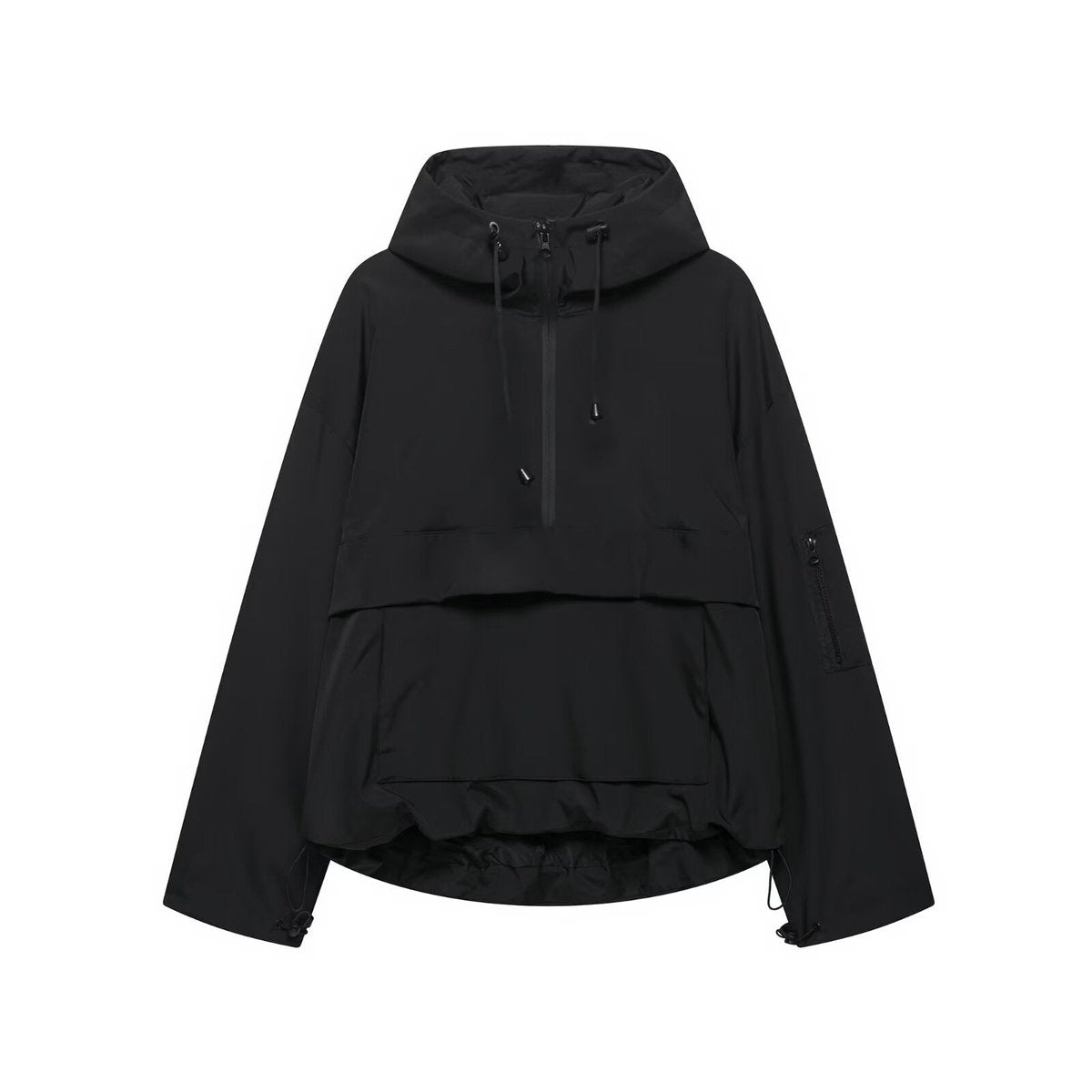 Women’s quilted hooded pullover anorak jacket by Christine Brewer, windproof design with half-zip closure, suitable for outdoor wear.