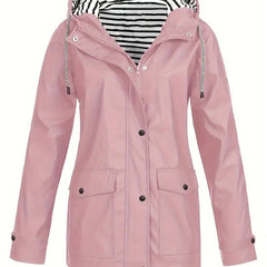 Women's waterproof rain coat with hood, striped lining, and zipper closure by Christine Brewer, perfect for rainy weather.