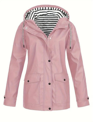 Women's waterproof rain coat with hood, striped lining, and zipper closure by Christine Brewer, perfect for rainy weather.