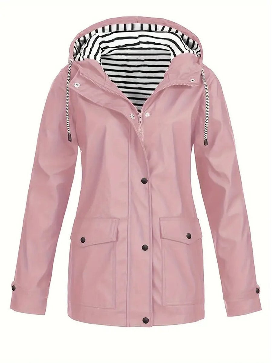 Women's waterproof rain coat with hood, striped lining, and zipper closure by Christine Brewer, perfect for rainy weather.