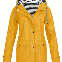 Women's waterproof rain coat with hood, striped lining, and zip-up front by Christine Brewer. Perfect for rainy weather.