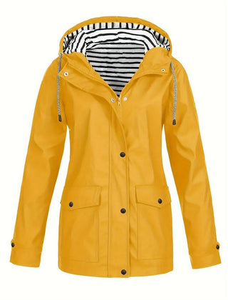 Women's waterproof rain coat with hood, striped lining, and zip-up front by Christine Brewer. Perfect for rainy weather.