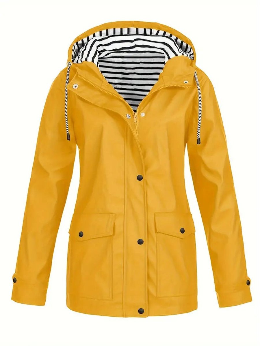 Women's waterproof rain coat with hood, striped lining, and zip-up front by Christine Brewer. Perfect for rainy weather.
