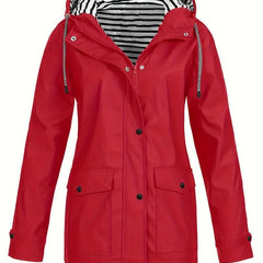Women's waterproof rain coat with hood, striped lining, and zip-up design by Christine Brewer in this image.