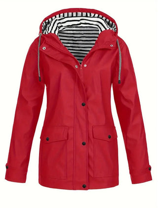 Women's waterproof rain coat with hood, striped lining, and zip-up design by Christine Brewer in this image.