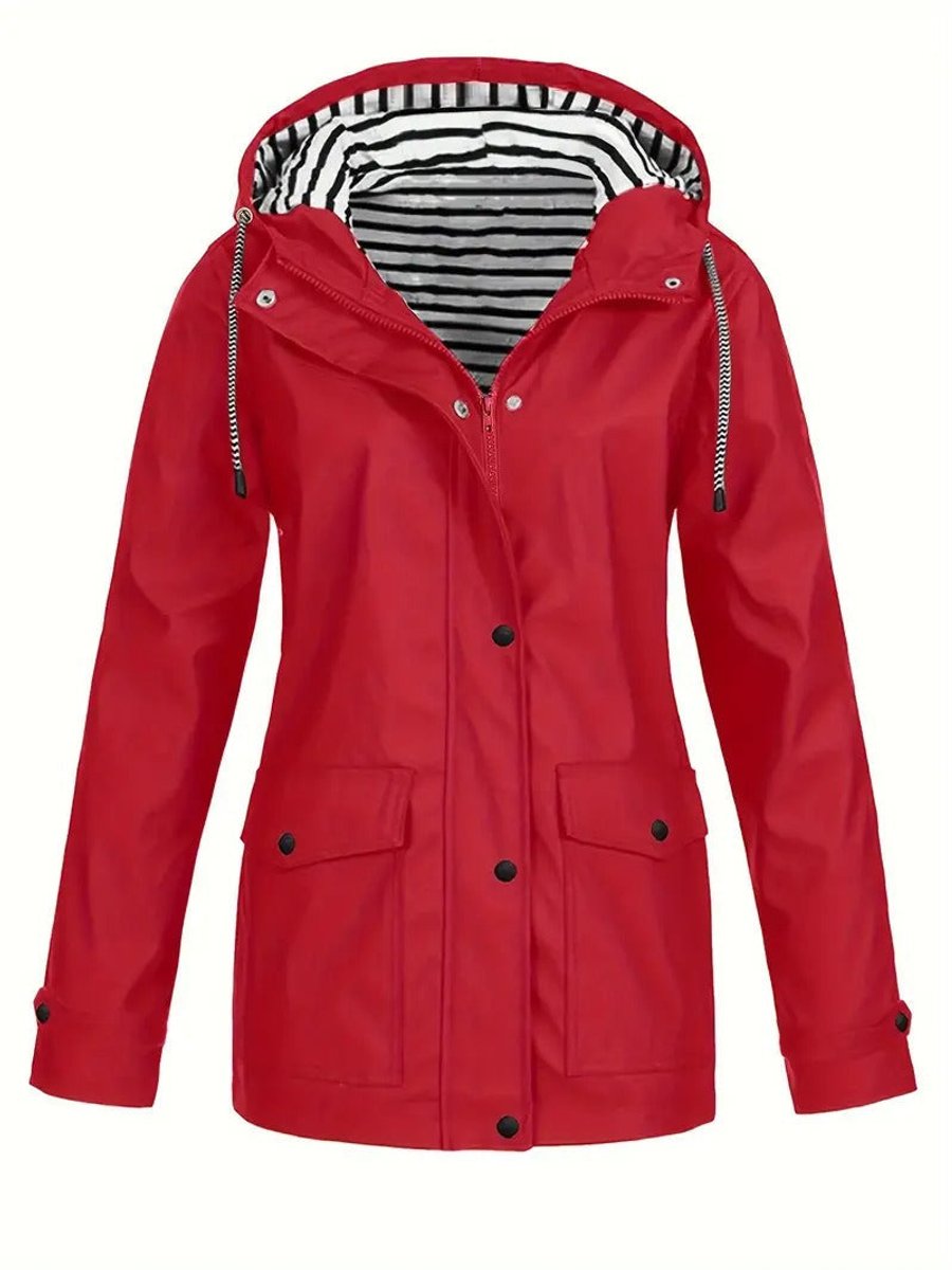 Women's waterproof rain coat with hood, striped lining, and zip-up design by Christine Brewer in this image.
