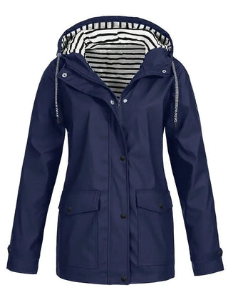 Women's waterproof rain coat with hood, striped lining, and zip-up closure by Christine Brewer, suitable for rainy weather.
