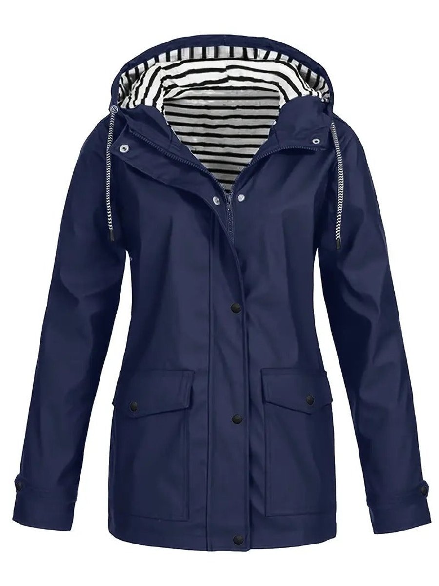Women's waterproof rain coat with hood, striped lining, and zip-up closure by Christine Brewer, suitable for rainy weather.