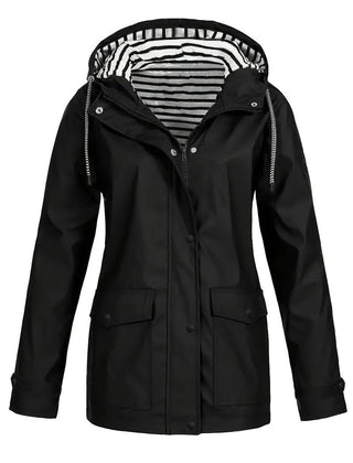Women's waterproof rain coat with hood, striped lining, and zip-up front by Christine Brewer, designed for rainy weather.