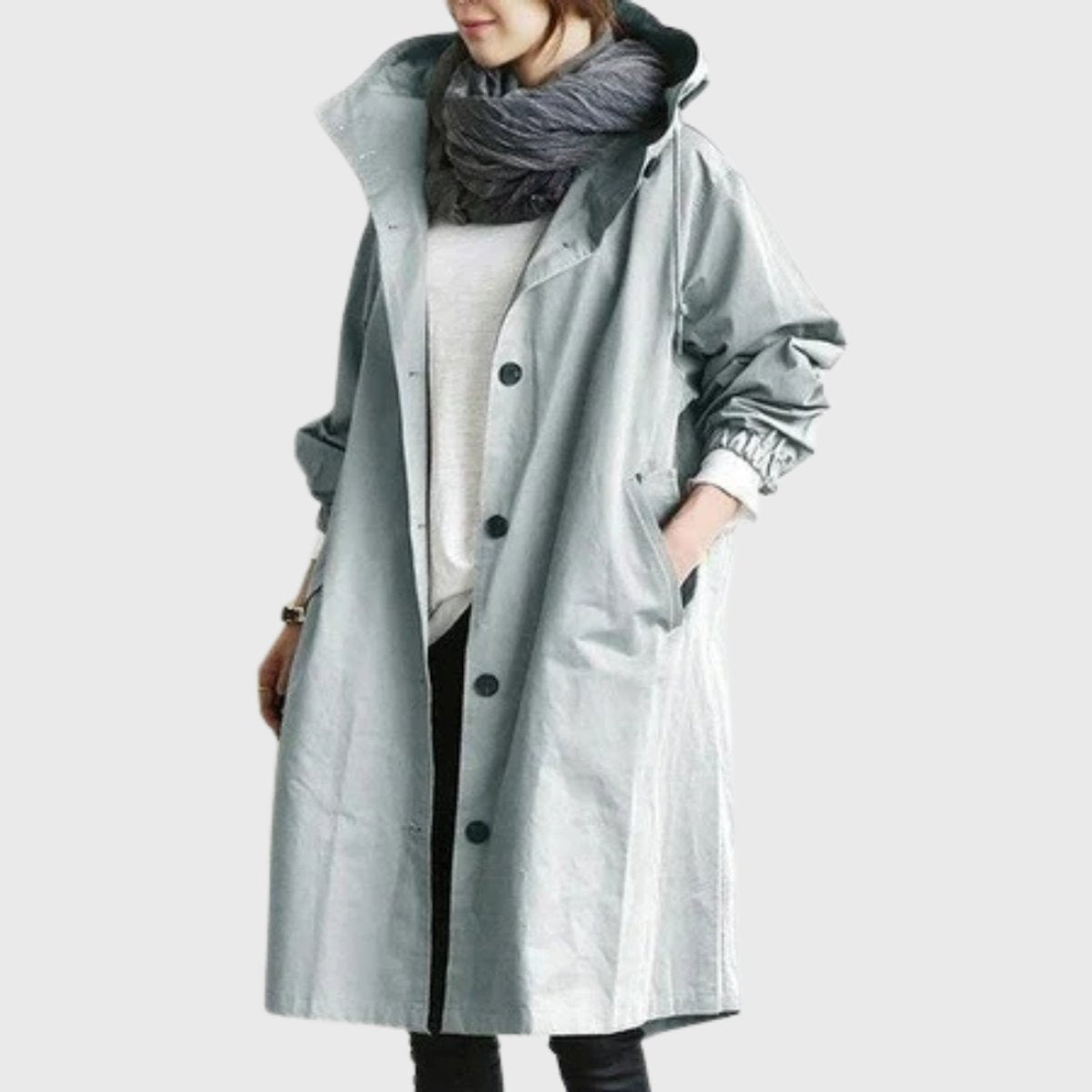 Women's Ella hooded water-repellent oversized long trench coat by Christine Brewer, shown in a stylish, water-resistant design.