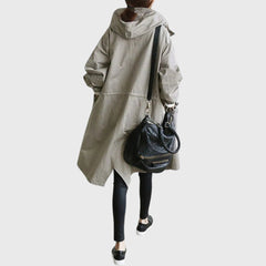 Christine Brewer Ella women's hooded water-repellent oversized long trench coat, front view showing hood and belted design.