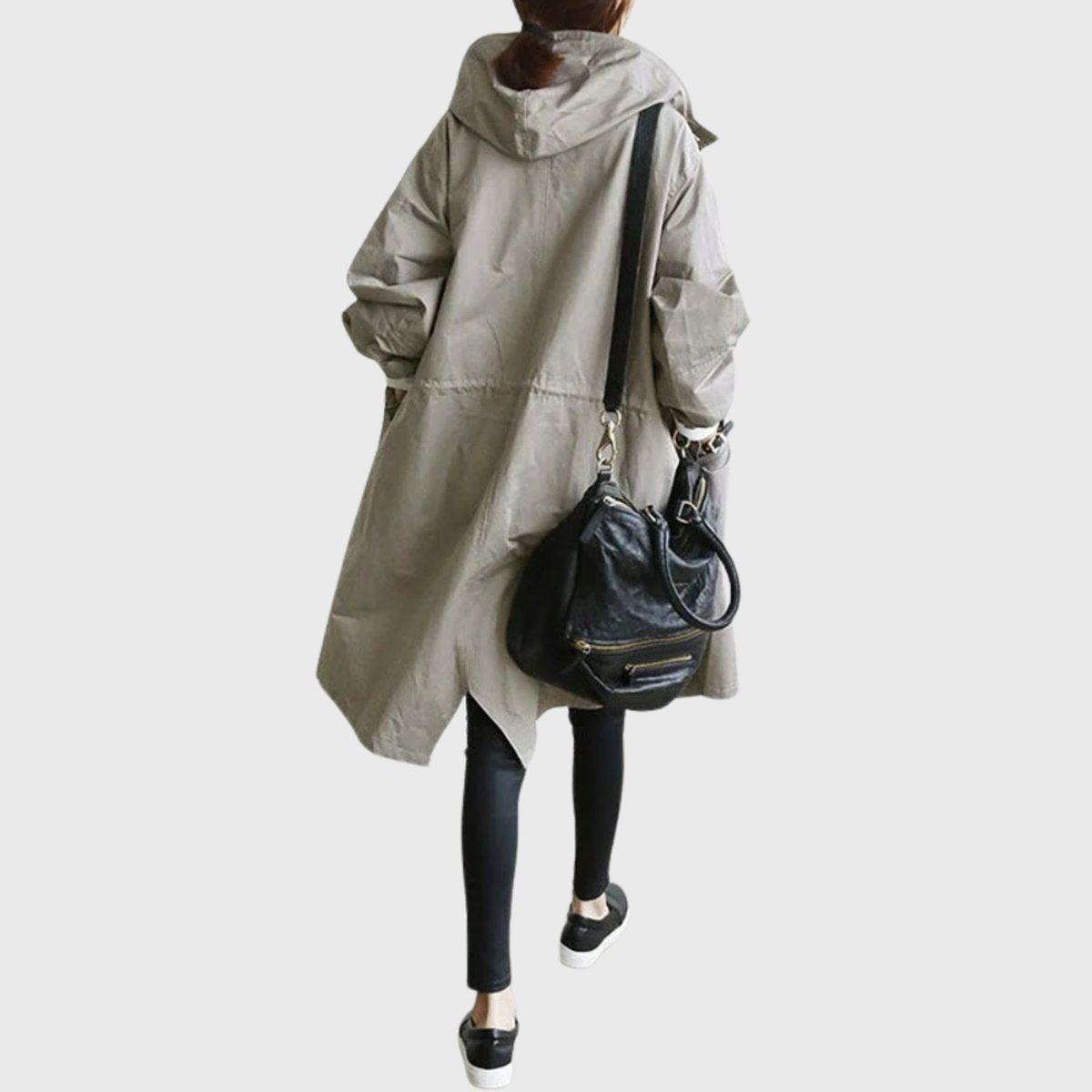 Christine Brewer Ella women's hooded water-repellent oversized long trench coat, front view showing hood and belted design.