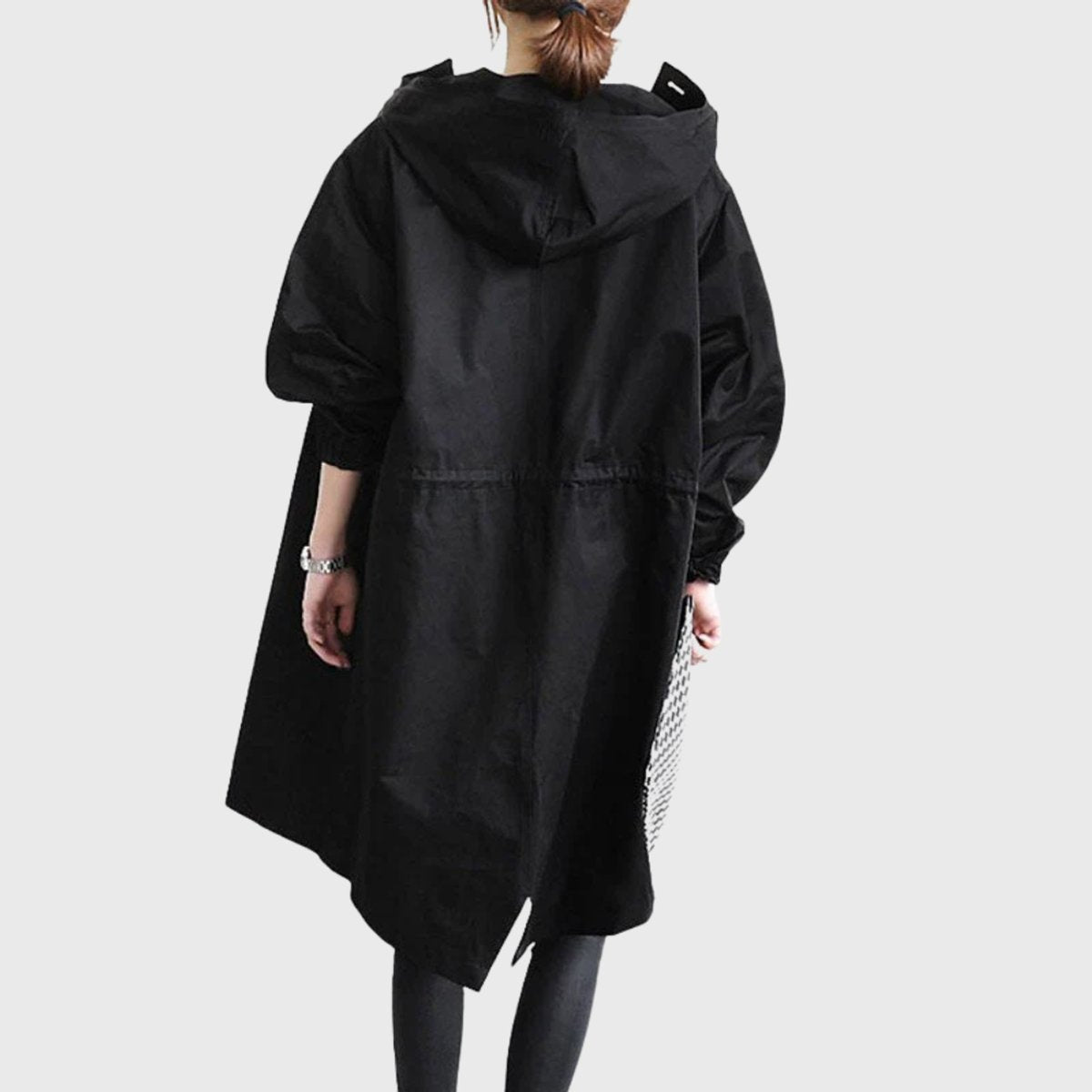 Women’s water-repellent oversized hooded trench coat by Christine Brewer, long style with a hood and stylish design.