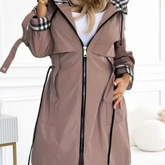 Evelyn women's waterproof windproof zip trench coat in weather-resistant fabric, featuring a hood and stylish design.