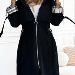 Women’s waterproof windproof zip trench coat by Christine Brewer, featuring hood and weather-resistant design for outdoor protection.