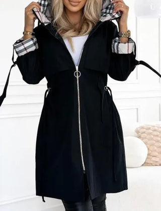 Women’s waterproof windproof zip trench coat by Christine Brewer, featuring hood and weather-resistant design for outdoor protection.