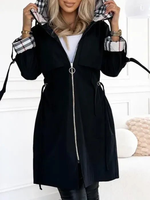Women’s waterproof windproof zip trench coat by Christine Brewer, featuring hood and weather-resistant design for outdoor protection.
