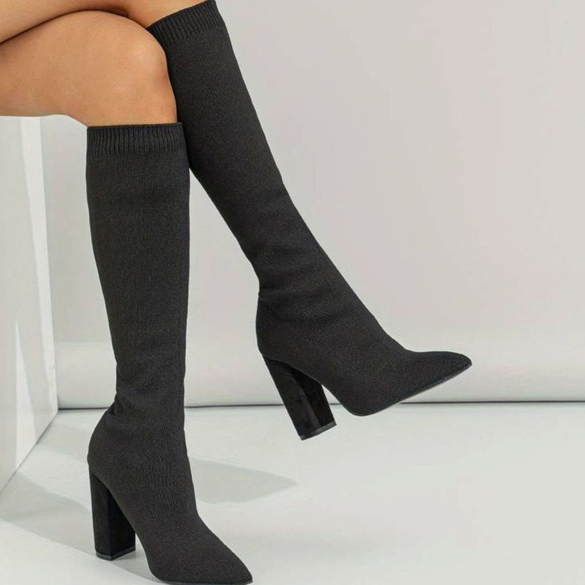Suki | Knee High Boots, Sock Boots, Women, Block Heel, Pointed Toe, Knit, Stretch, Pull
