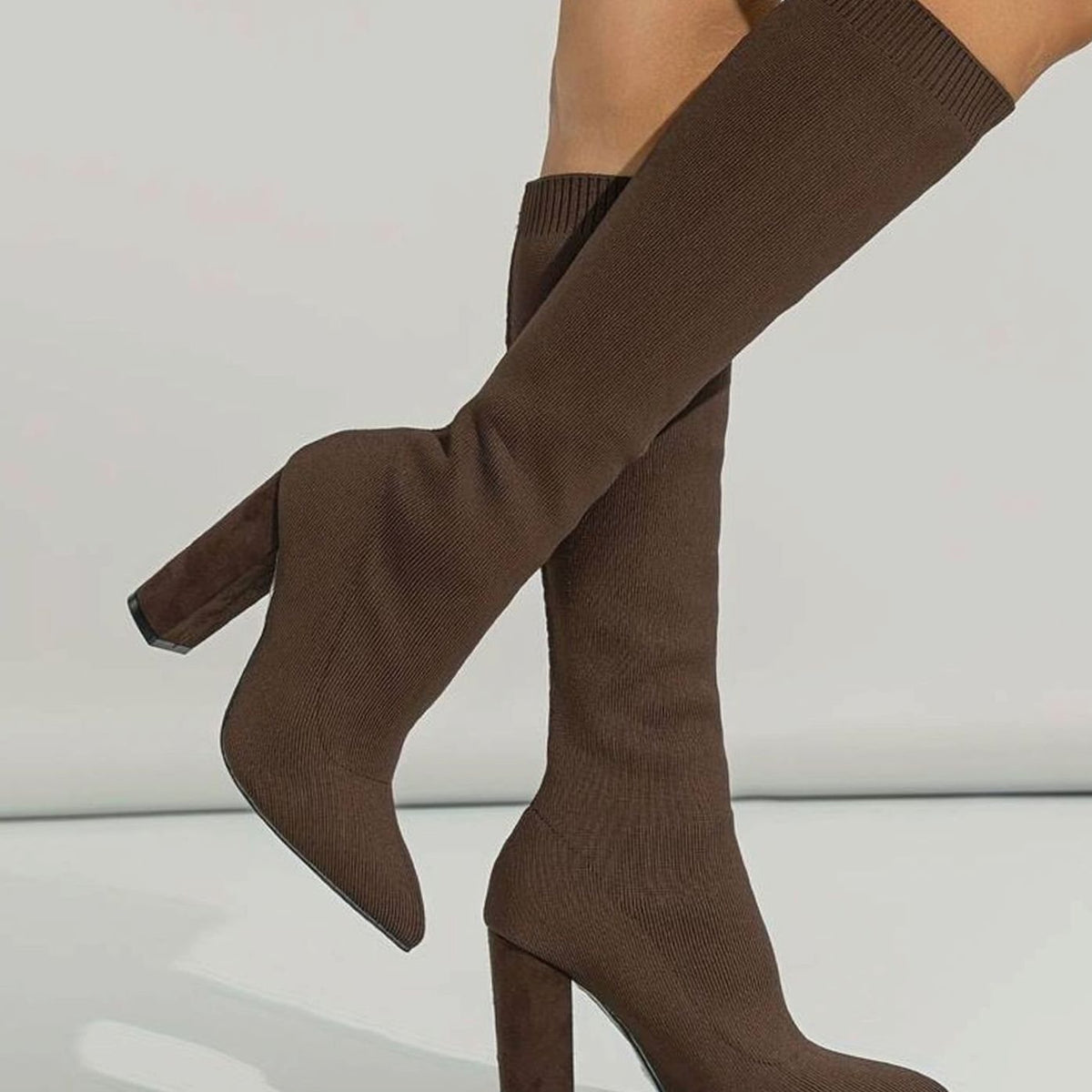 Suki | Knee High Boots, Sock Boots, Women, Block Heel, Pointed Toe, Knit, Stretch, Pull