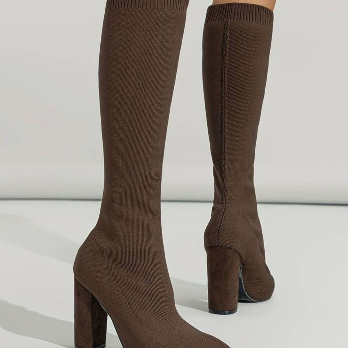 Suki | Knee High Boots, Sock Boots, Women, Block Heel, Pointed Toe, Knit, Stretch, Pull