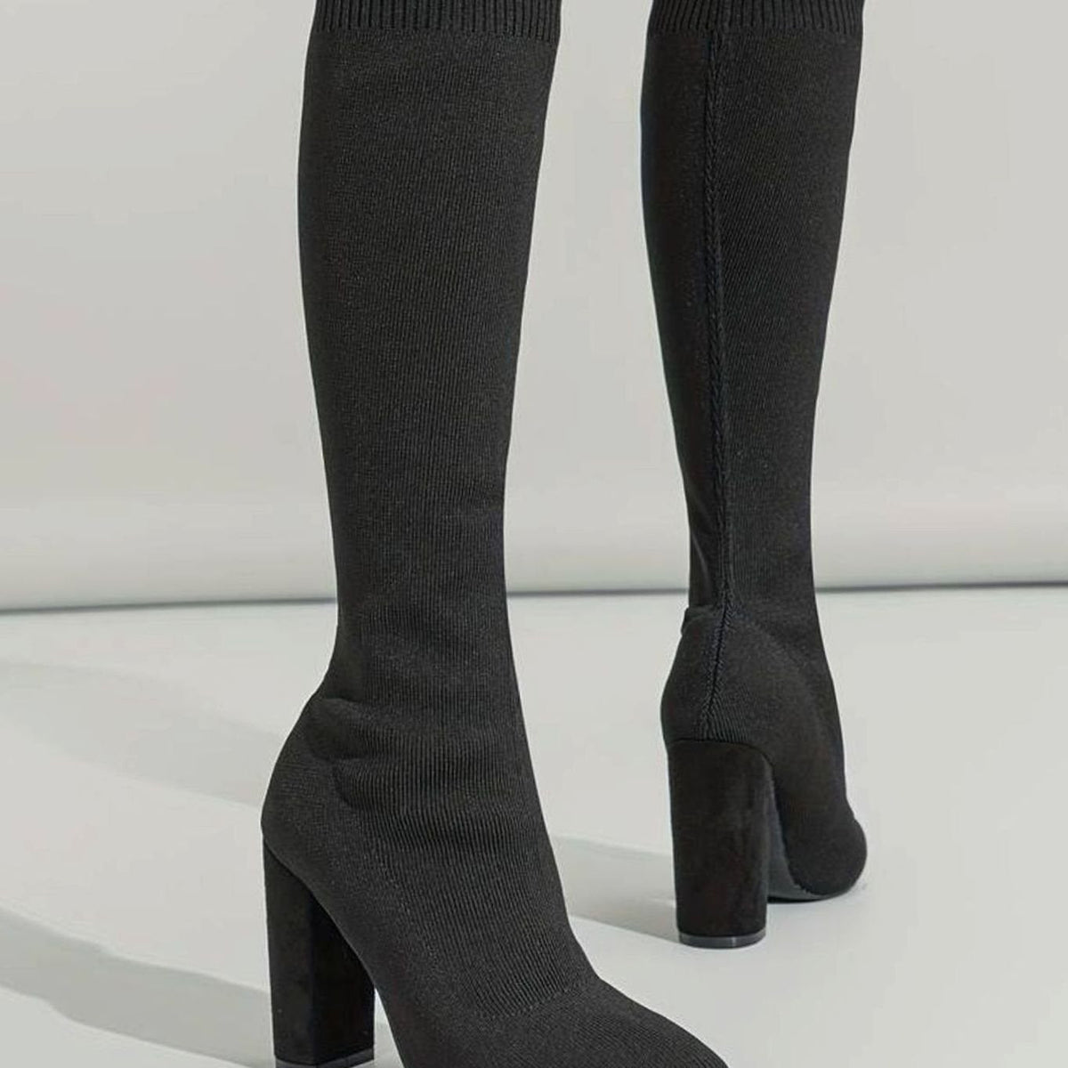 Suki | Knee High Boots, Sock Boots, Women, Block Heel, Pointed Toe, Knit, Stretch, Pull