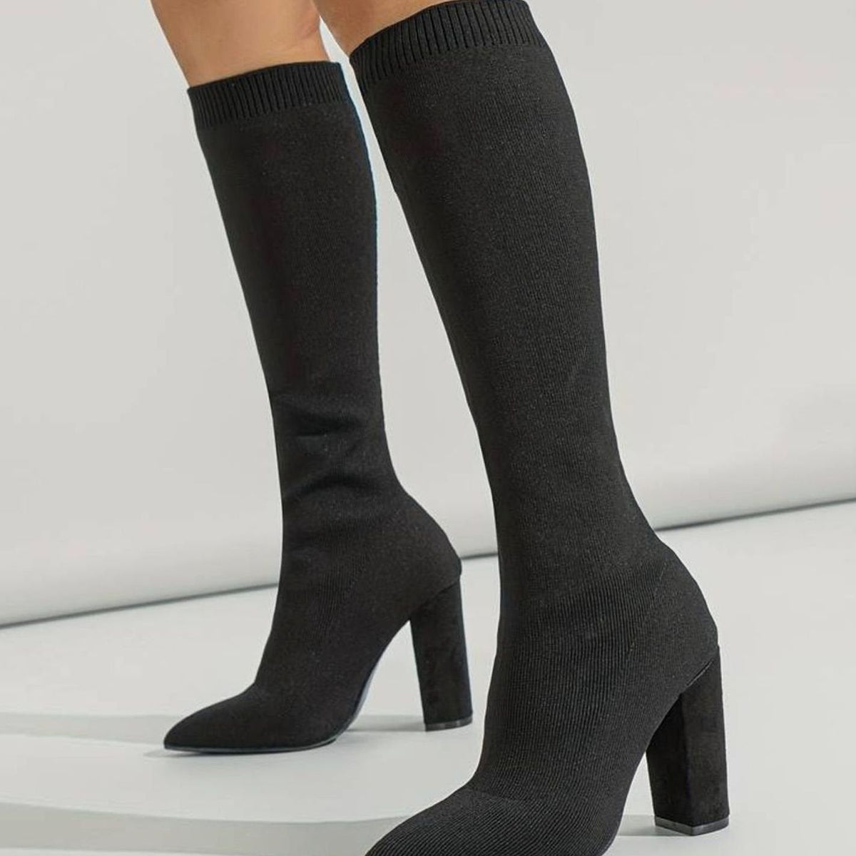 Suki | Knee High Boots, Sock Boots, Women, Block Heel, Pointed Toe, Knit, Stretch, Pull