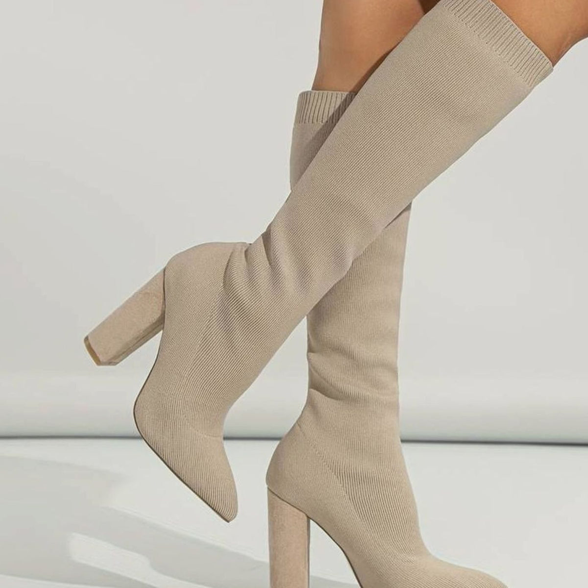 Suki | Knee High Boots, Sock Boots, Women, Block Heel, Pointed Toe, Knit, Stretch, Pull
