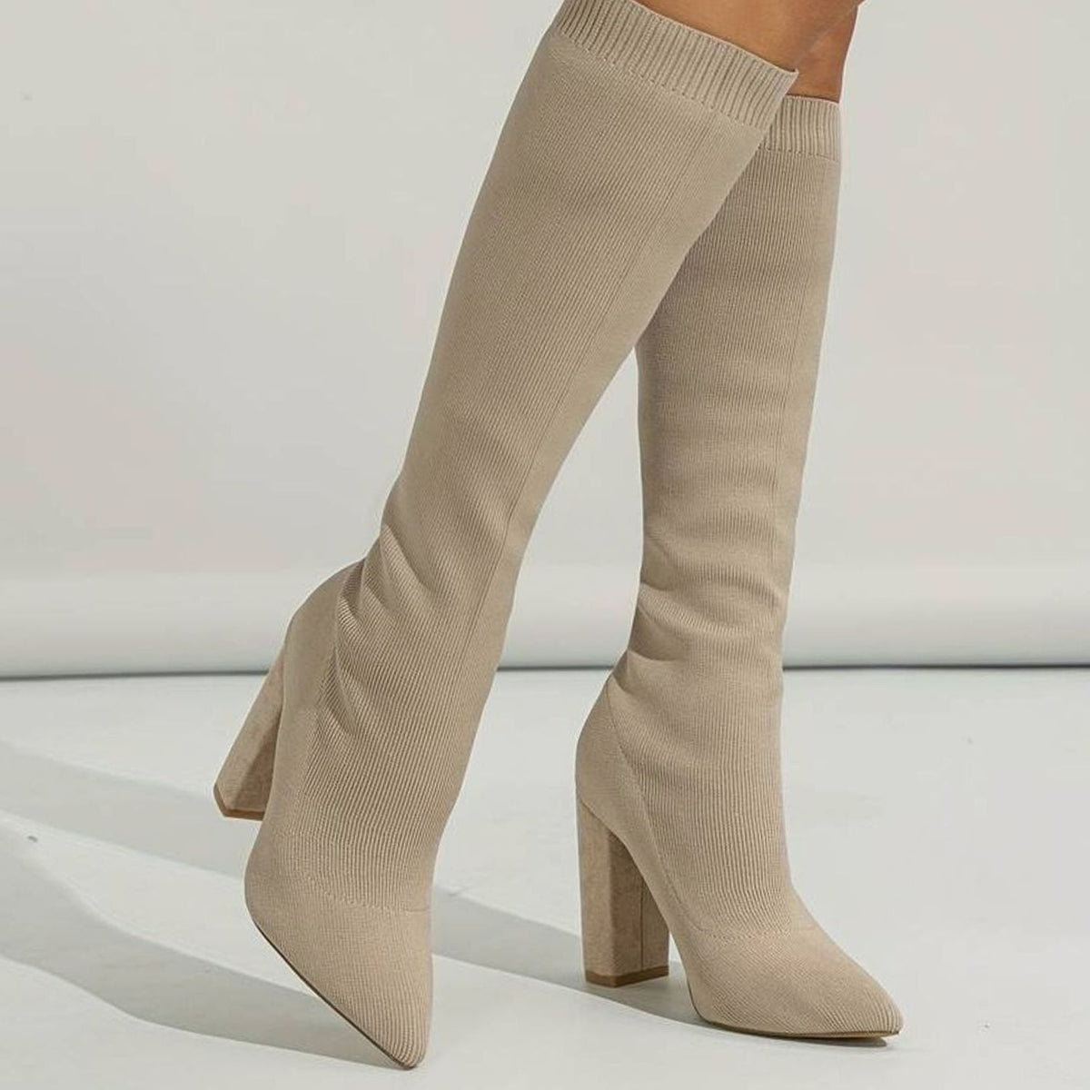 Suki | Knee High Boots, Sock Boots, Women, Block Heel, Pointed Toe, Knit, Stretch, Pull