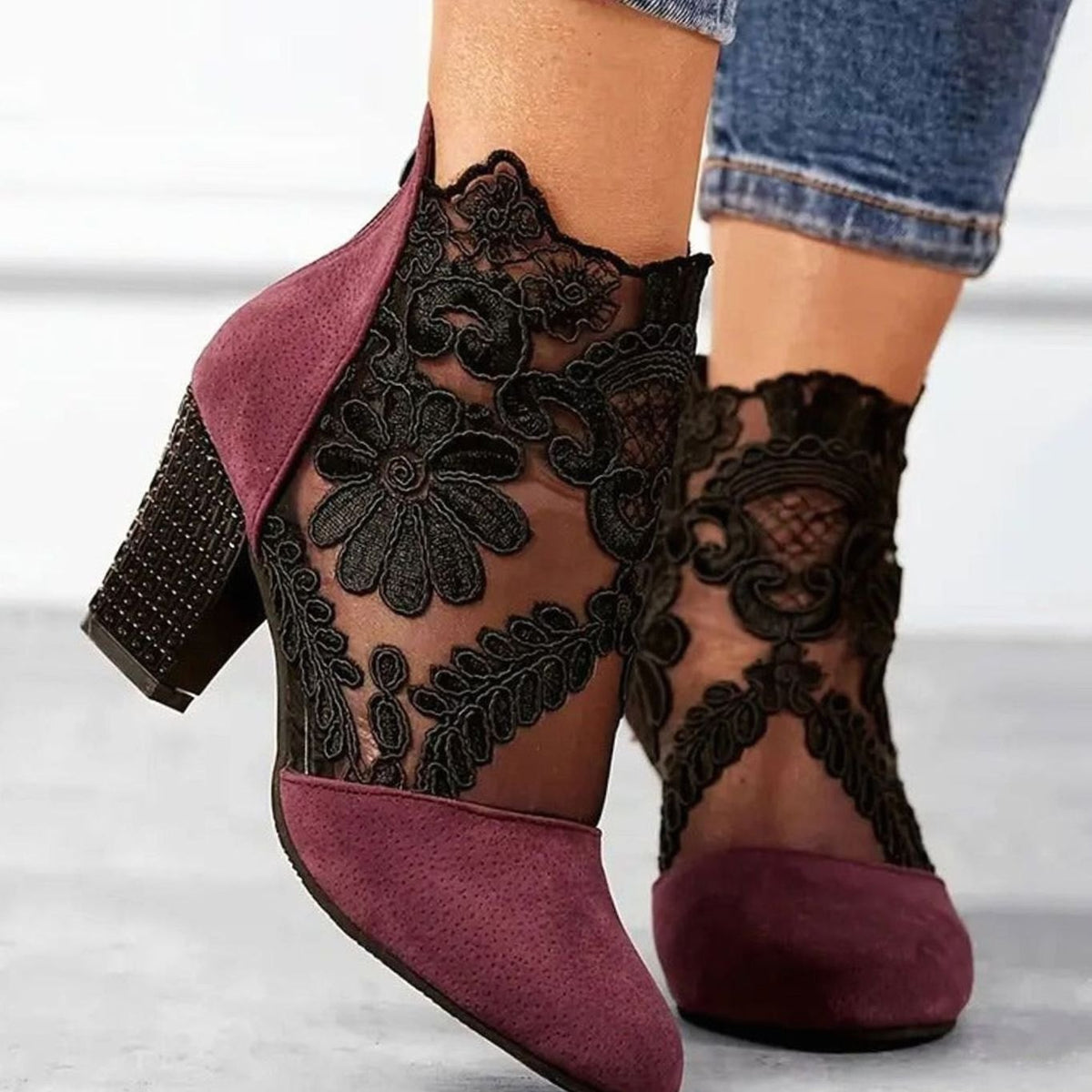 Pearl | Ankle Boots, Women, Block Heel, Pointed Toe, Lace, Floral, Embroidered, Wedding, Bridal, Heels