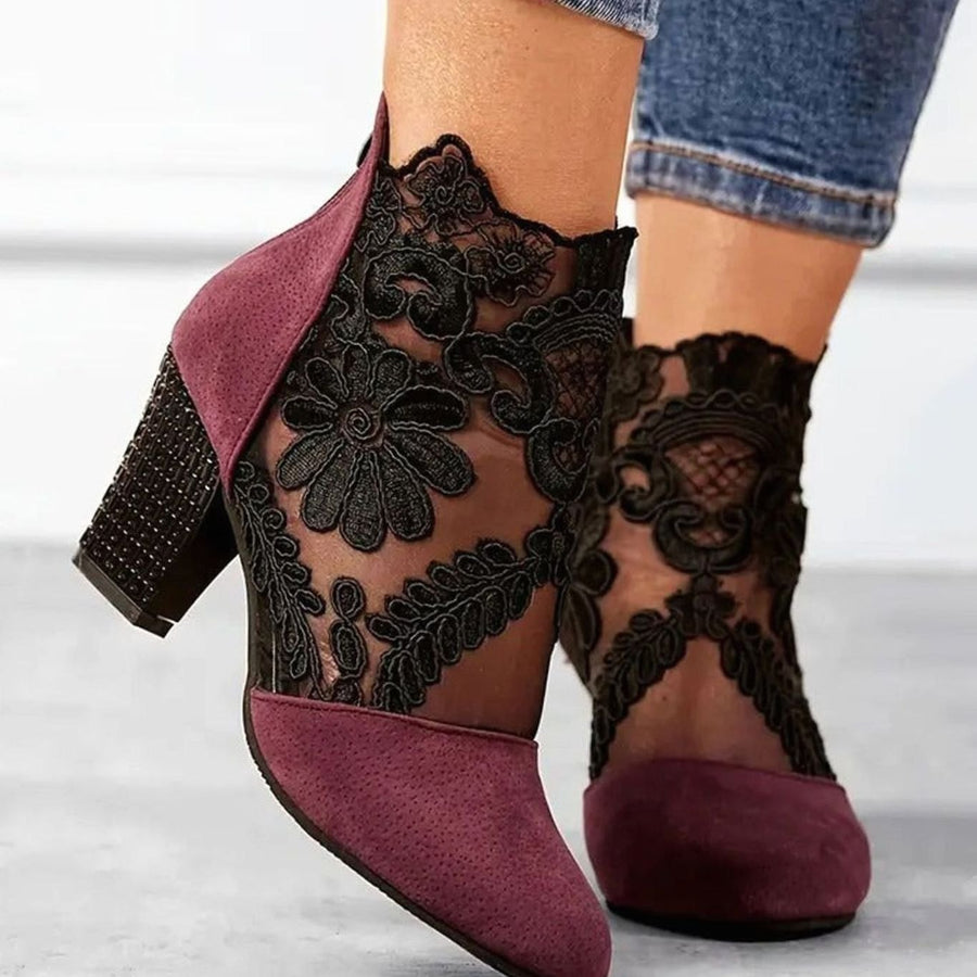 Pearl | Ankle Boots, Women, Block Heel, Pointed Toe, Lace, Floral, Embroidered, Wedding, Bridal, Heels
