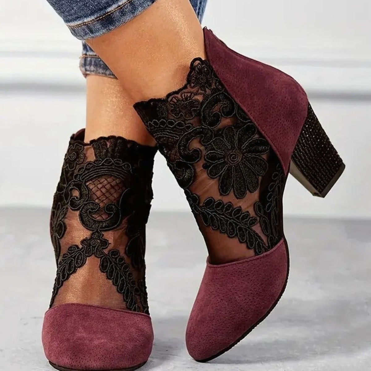 Pearl | Ankle Boots, Women, Block Heel, Pointed Toe, Lace, Floral, Embroidered, Wedding, Bridal, Heels